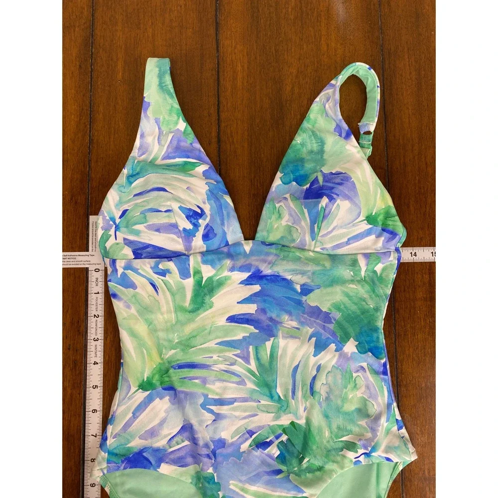 NWT, Sea Level Swim Tropical Palm V-neck Blue Green One Piece Swimsuit Size 4